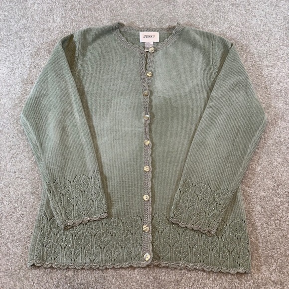 Jenny Sweaters - Jenny Vintage Sage Green Beaded Pointelle Cardigan Sweater Scalloped Trim Small
